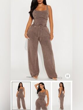 Fashion Nova Taupe Wide Leg Drawstring Jumpsuit